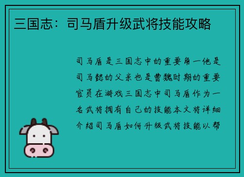三国志：司马盾升级武将技能攻略